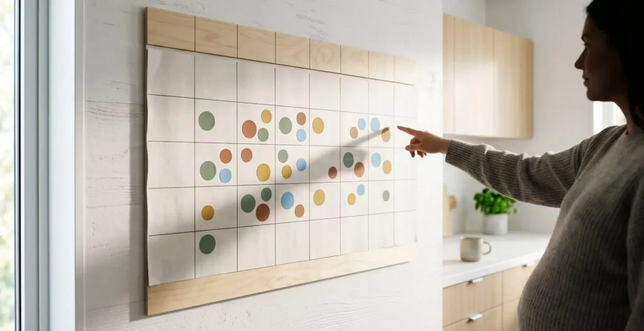 Calendrier mural avec pastilles colorées marquant les rendez-vous médicaux de grossesse