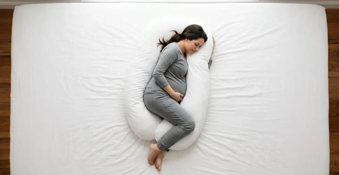 Vue en plongée d'une femme enceinte dormant sur le côté gauche avec alignement parfait du corps grâce au coussin