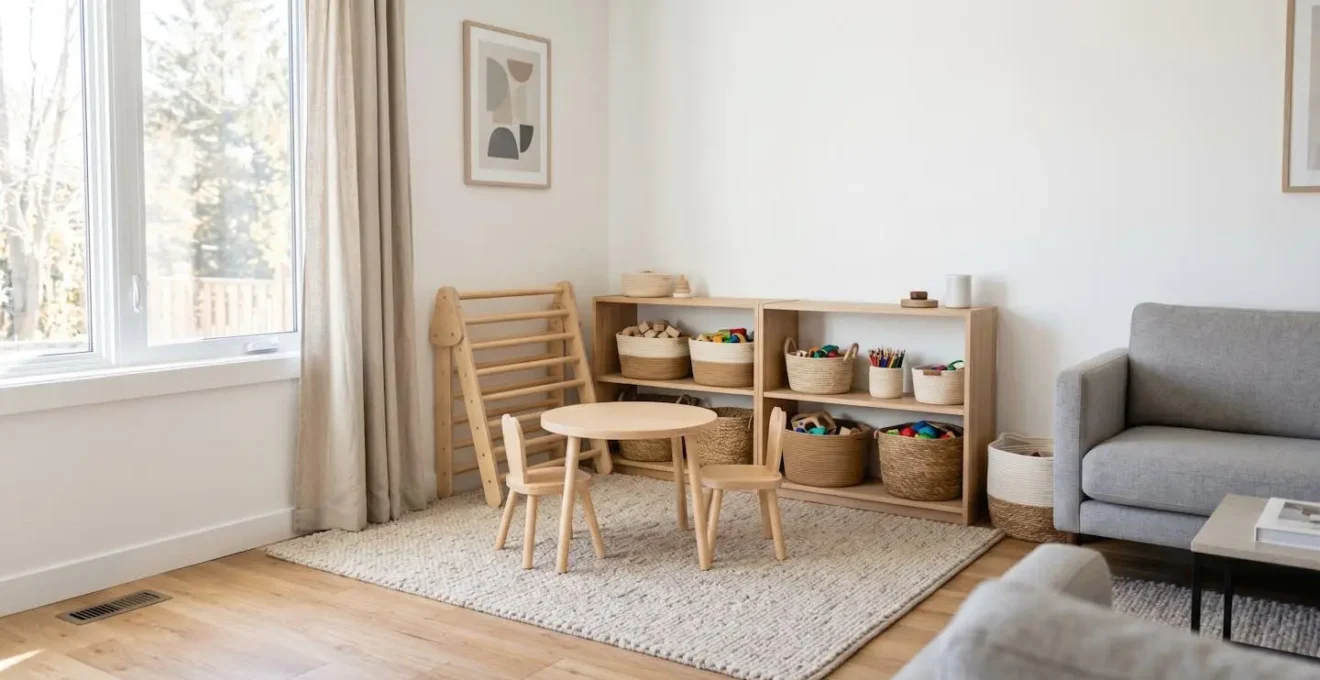Coin jeu aménagé dans un petit salon avec tapis et rangements verticaux