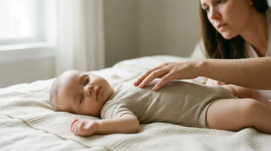 Bébé montrant des signes de détresse respiratoire avec tirage intercostal et mère inquiète à ses côtés