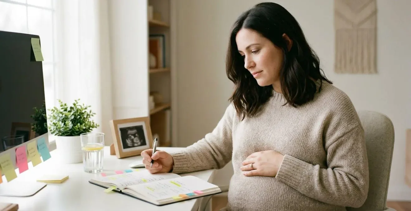 Future maman avec agenda de grossesse entouré de documents administratifs et rappels médicaux