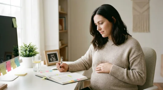 Future maman avec agenda de grossesse entouré de documents administratifs et rappels médicaux