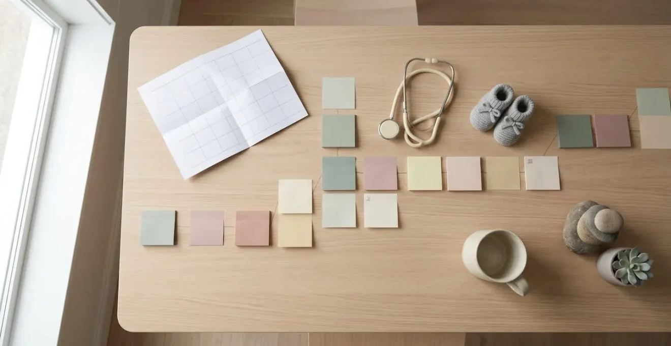 Calendrier de grossesse avec marques importantes sur un bureau, vue de dessus