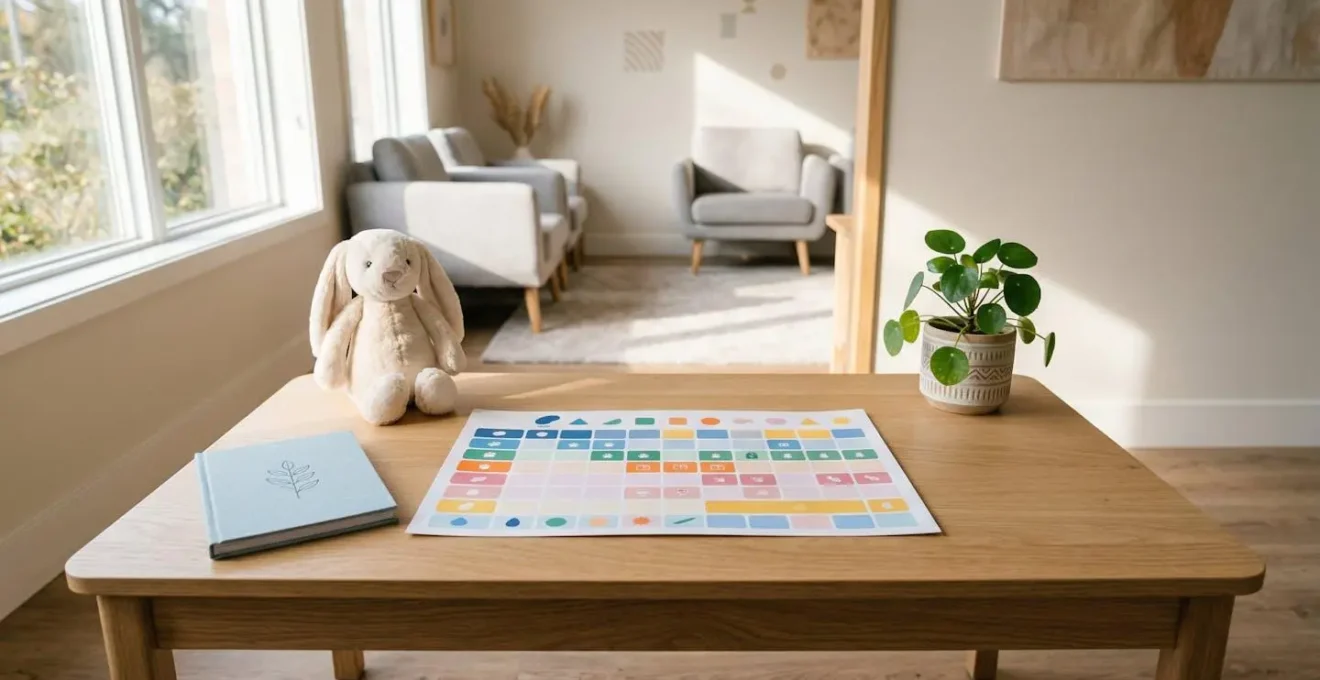 Planning de vaccination posé sur une table avec jouets et carnet de santé dans une ambiance chaleureuse