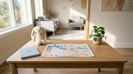 Planning de vaccination posé sur une table avec jouets et carnet de santé dans une ambiance chaleureuse
