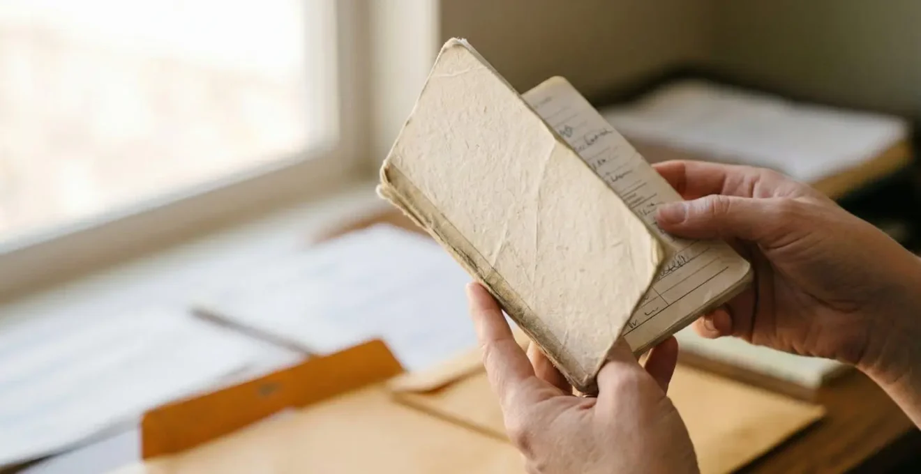 Mains de parents tenant délicatement un carnet de santé de bébé avec des documents administratifs en arrière-plan