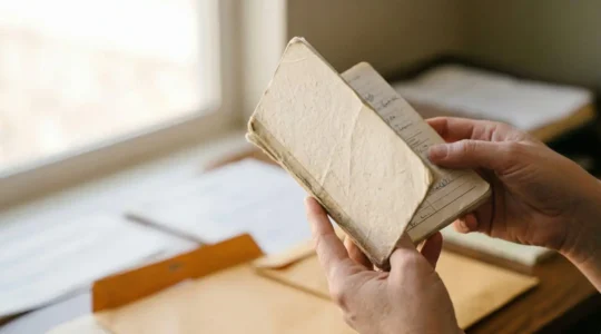 Mains de parents tenant délicatement un carnet de santé de bébé avec des documents administratifs en arrière-plan