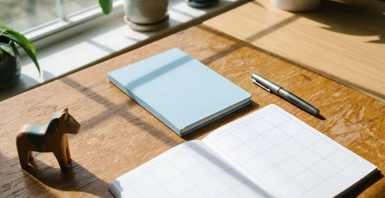 Carnet de santé fermé posé sur un bureau avec calendrier et stylo