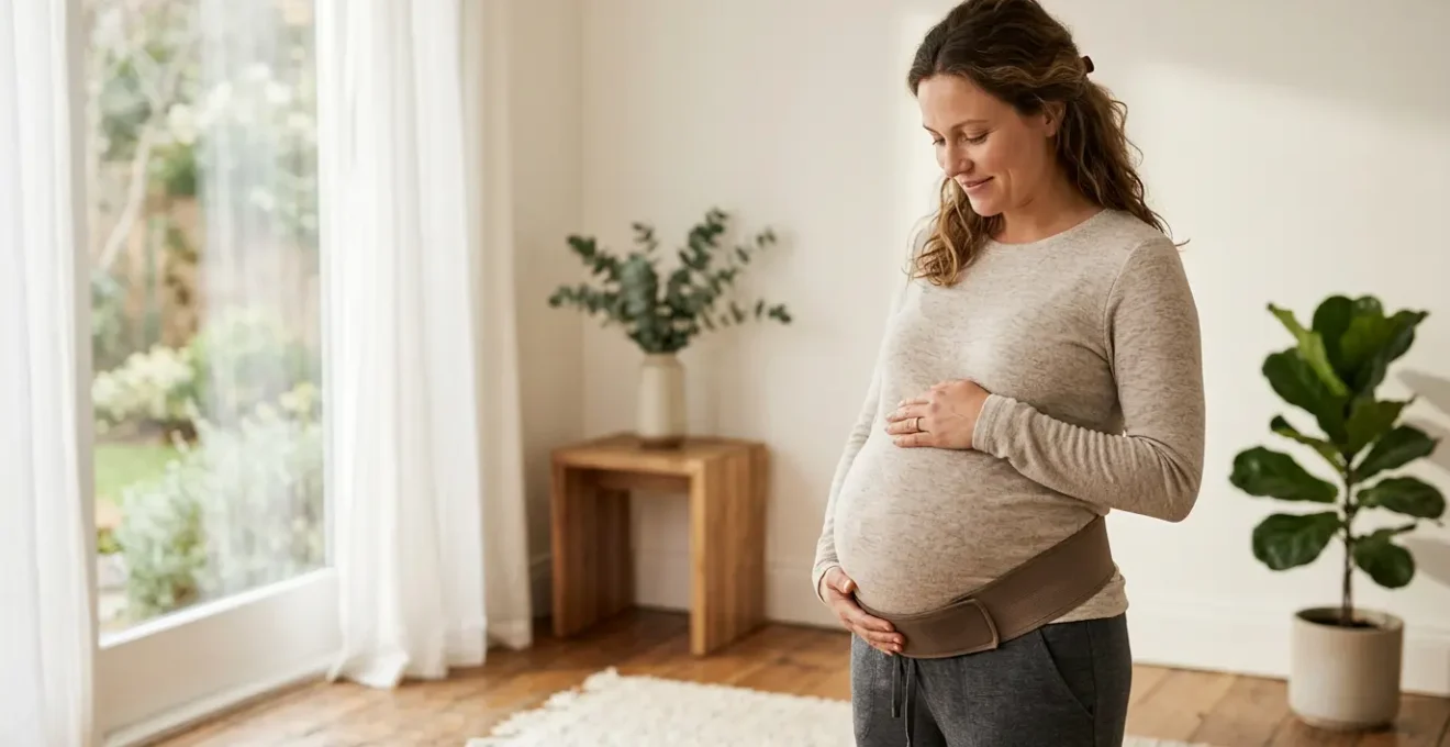 Femme enceinte portant une ceinture de soutien avec les mains posées délicatement sur son ventre