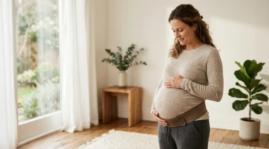 Femme enceinte portant une ceinture de soutien avec les mains posées délicatement sur son ventre