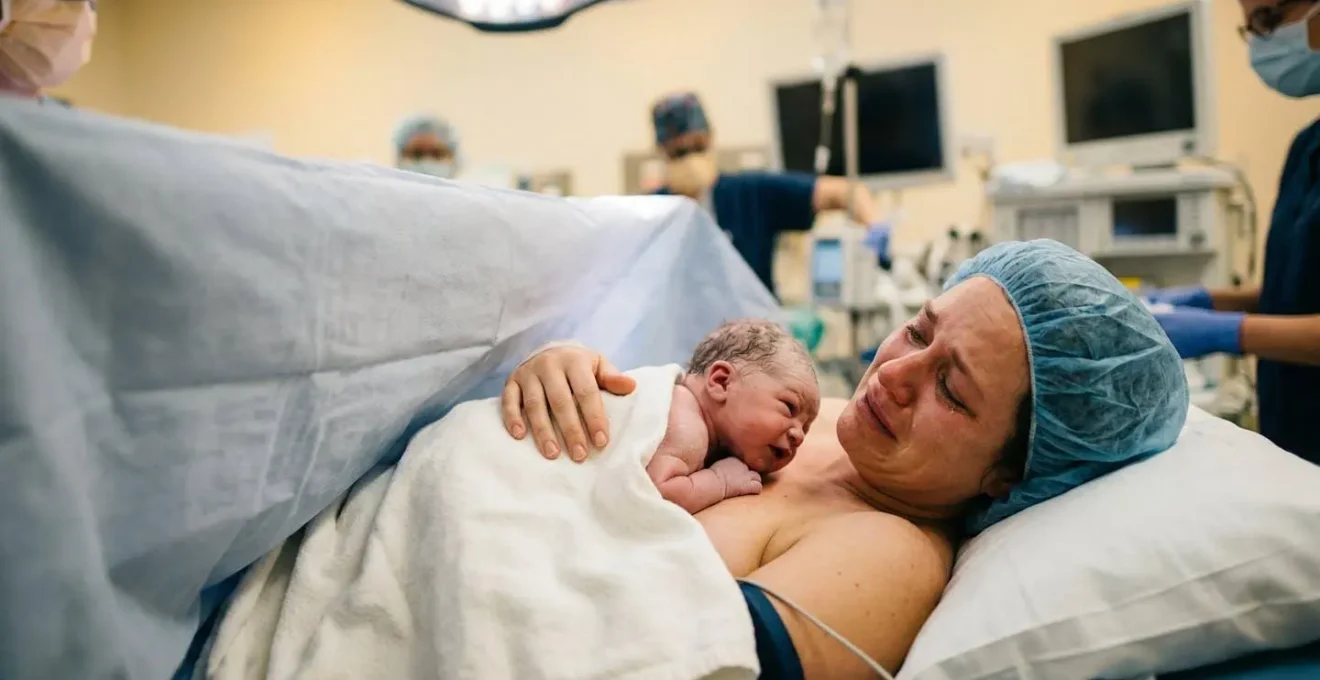 Mère tenant son nouveau-né en peau à peau dans un environnement hospitalier chaleureux avec équipe médicale bienveillante
