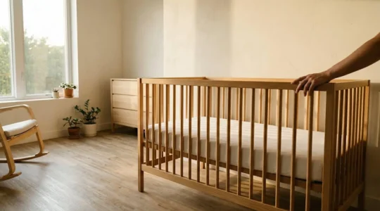 Chambre de bébé épurée et sécurisée avec lit à barreaux normalisé dans une lumière douce