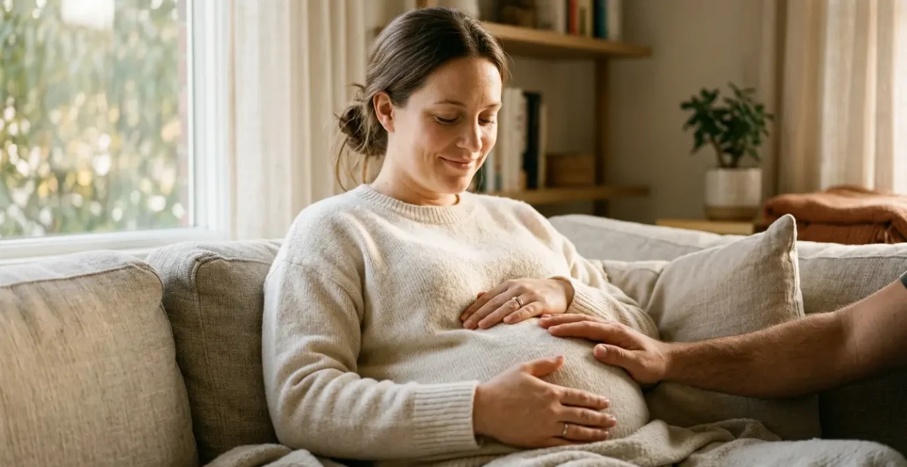 Femme enceinte communiquant tendrement avec son bébé à travers le ventre