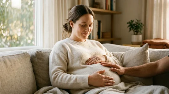 Femme enceinte communiquant tendrement avec son bébé à travers le ventre