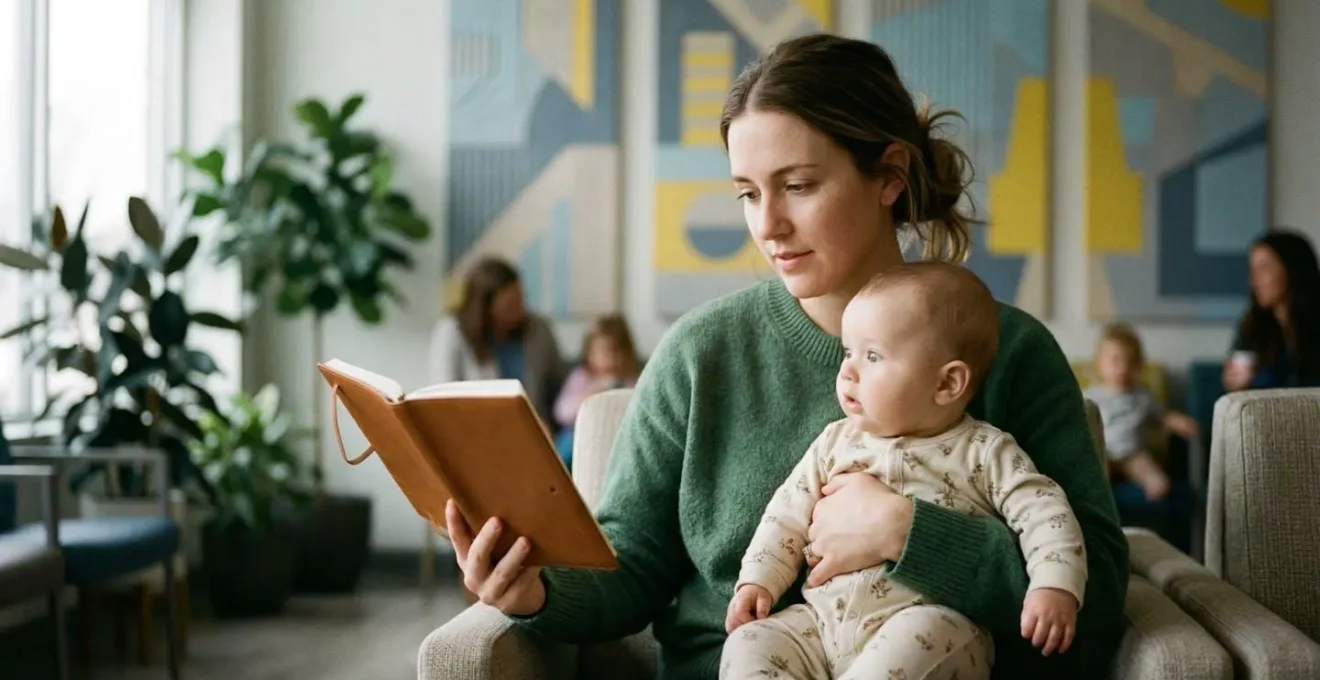 Maman préparant un carnet de notes avec bébé lors d'une consultation pédiatrique