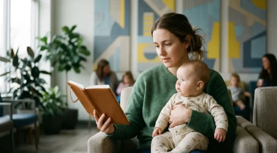 Maman préparant un carnet de notes avec bébé lors d'une consultation pédiatrique