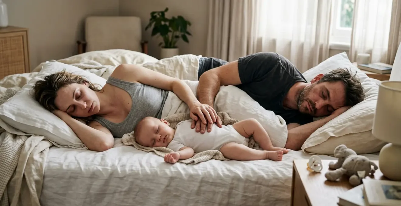 Couple de parents épuisés allongés côte à côte avec leur bébé endormi entre eux, dans un lit défait aux draps froissés