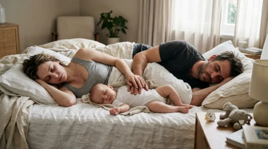 Couple de parents épuisés allongés côte à côte avec leur bébé endormi entre eux, dans un lit défait aux draps froissés