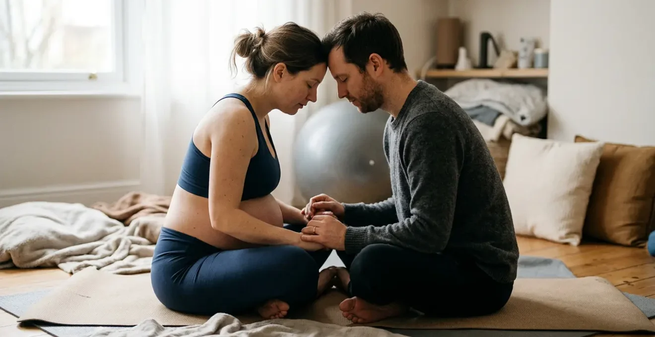 Un couple se tenant la main lors d'une séance de préparation à l'accouchement, travaillant ensemble sur des exercices de respiration