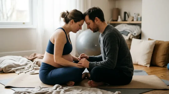 Un couple se tenant la main lors d'une séance de préparation à l'accouchement, travaillant ensemble sur des exercices de respiration