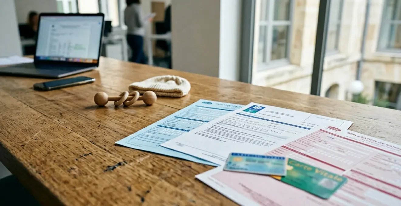 Bureau administratif lumineux avec documents officiels de naissance et cartes vitales disposés sur une table en bois clair