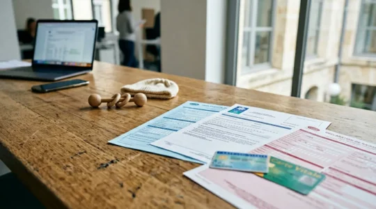 Bureau administratif lumineux avec documents officiels de naissance et cartes vitales disposés sur une table en bois clair