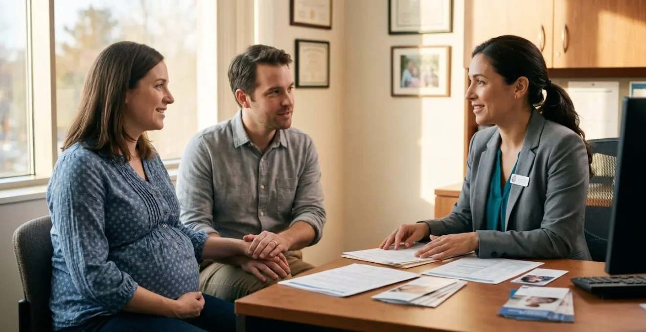 Couple discutant calmement avec une sage-femme dans un bureau médical lumineux