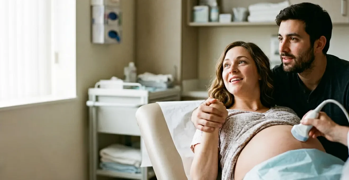 Couple regardant attentivement l'écran d'échographie lors d'une consultation de grossesse