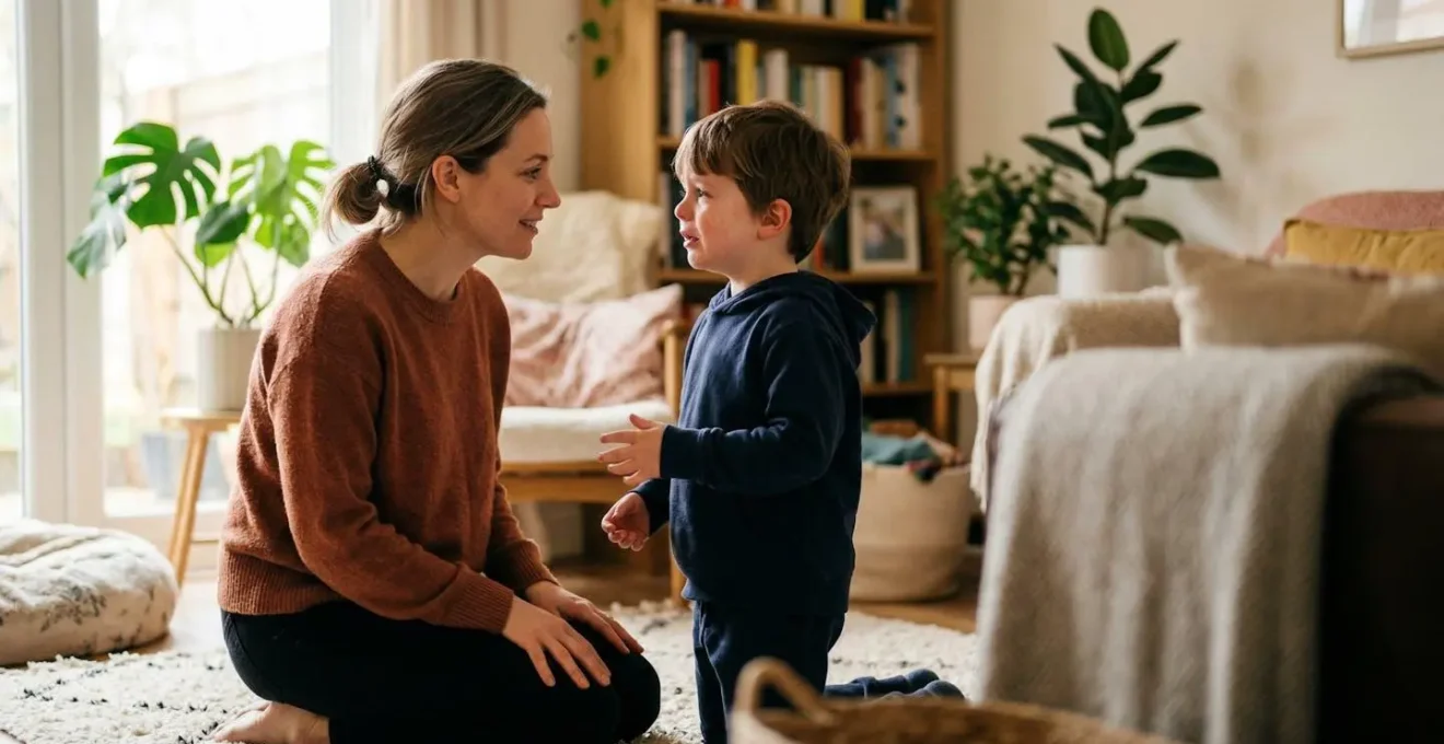 Parent accroupi au niveau d'un enfant, contact visuel bienveillant dans un salon familial chaleureux
