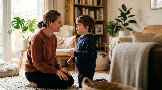 Parent accroupi au niveau d'un enfant, contact visuel bienveillant dans un salon familial chaleureux