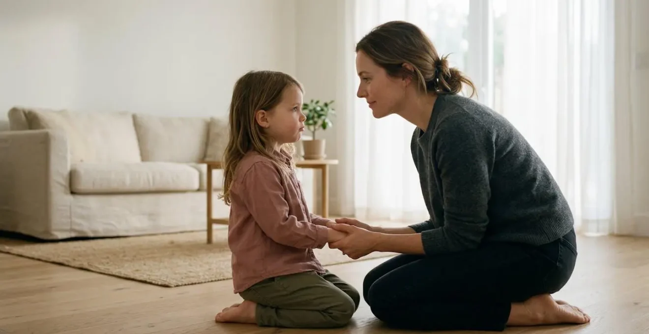 Parent et enfant en moment de connexion émotionnelle apaisée dans un espace chaleureux