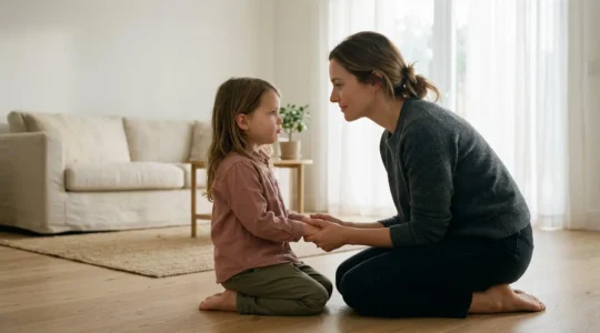 Parent et enfant en moment de connexion émotionnelle apaisée dans un espace chaleureux