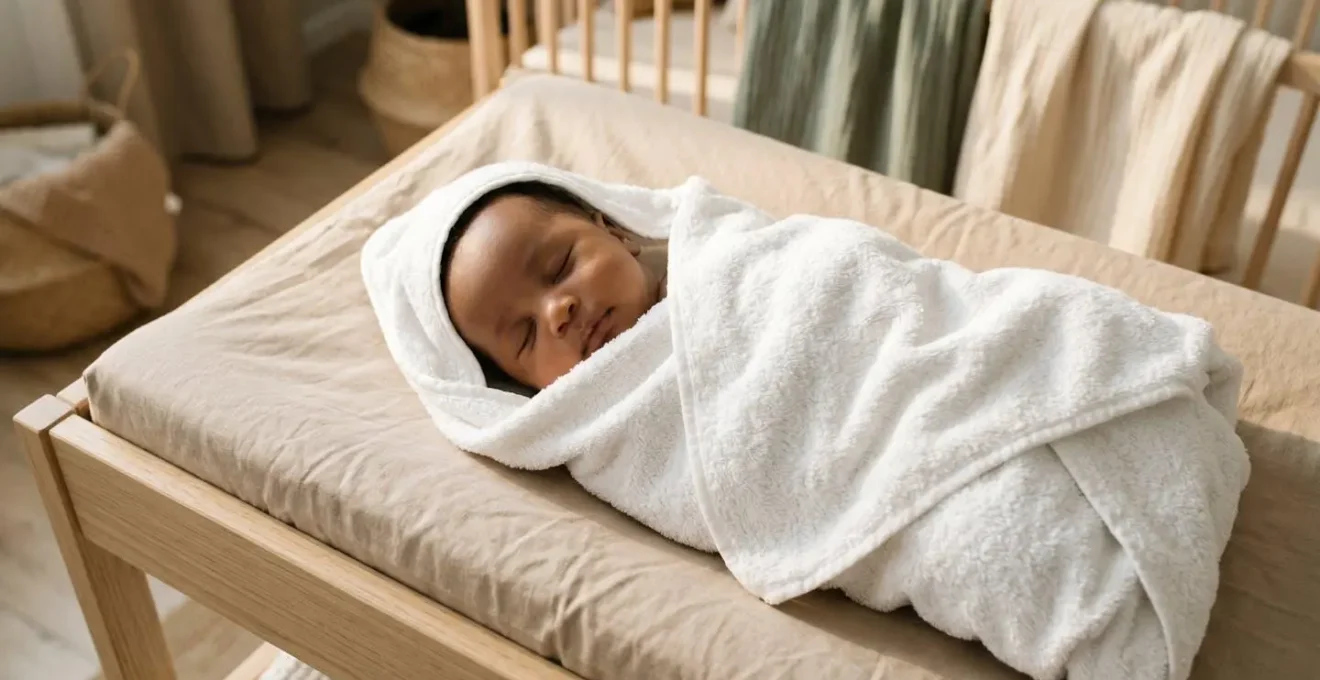 Vue plongeante d'un bébé emmailloté dans une serviette douce, environnement apaisant