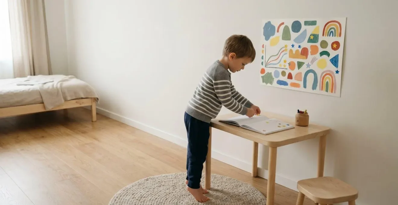 Enfant de 5 ans collant une gommette sur un tableau coloré de ses réussites personnelles