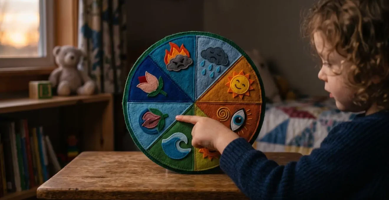 Un enfant manipulant une roue colorée des émotions lors du rituel du soir avec ses parents