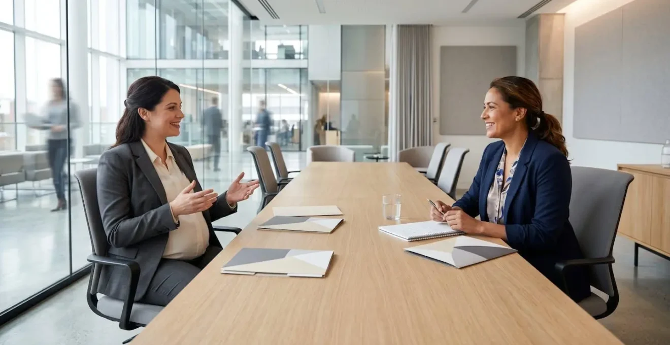 Scène d'entretien professionnel entre une femme enceinte et une responsable RH dans un bureau lumineux, atmosphère bienveillante