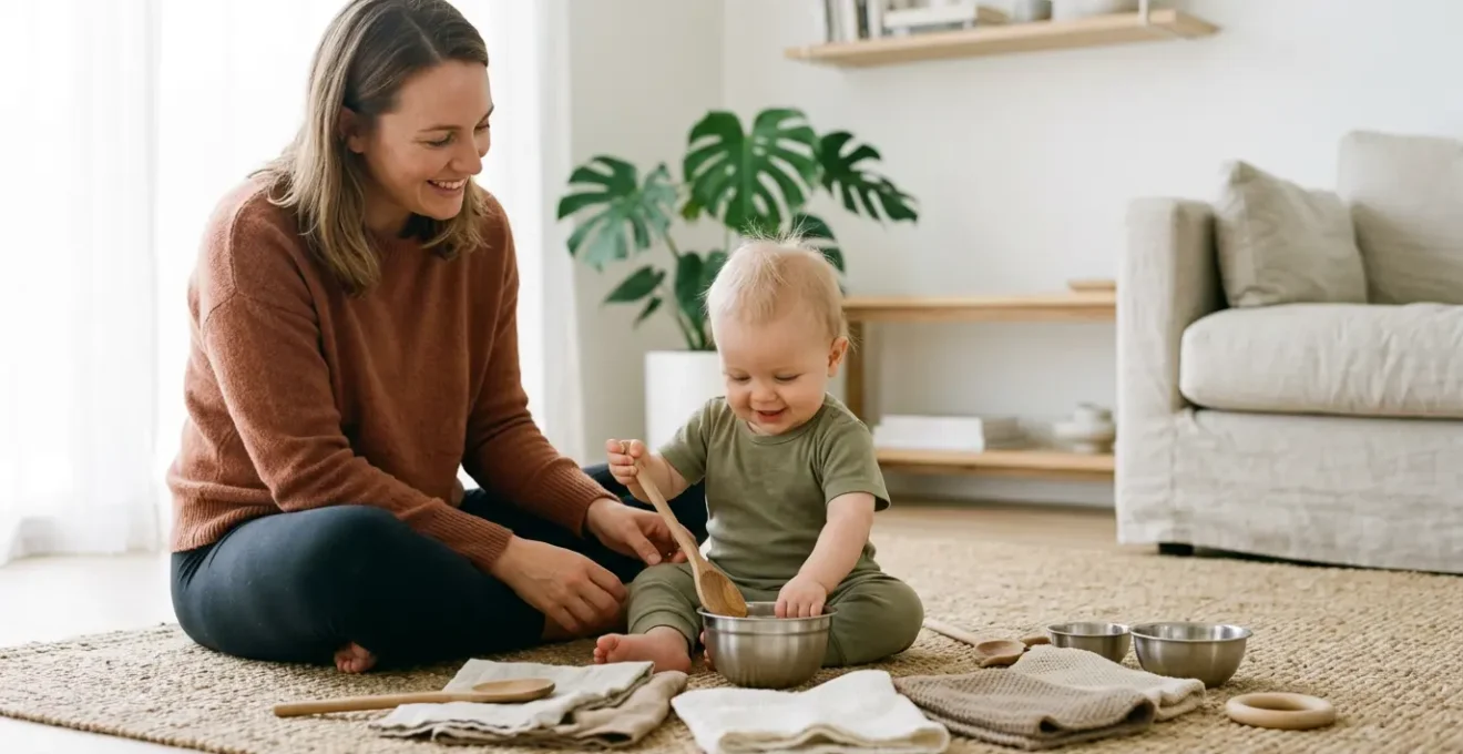 Maman et bébé jouant avec des objets du quotidien sur un tapis dans le salon