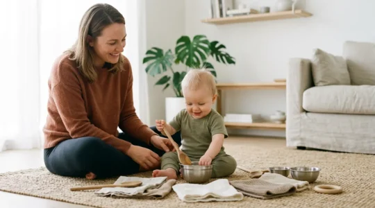 Maman et bébé jouant avec des objets du quotidien sur un tapis dans le salon