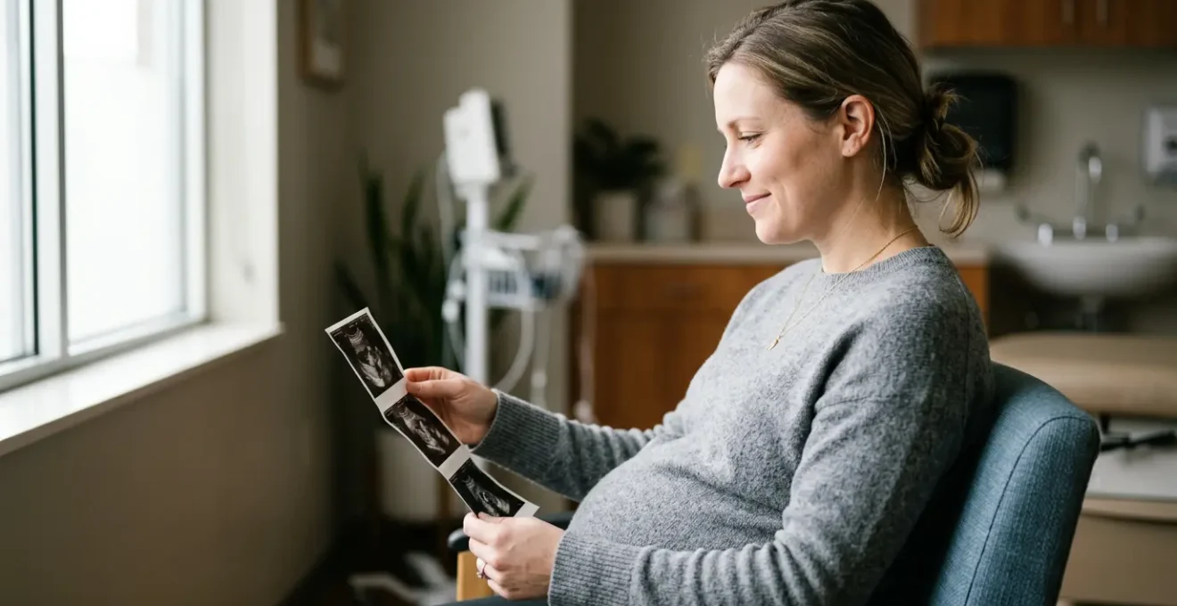 Femme enceinte en consultation prénatale regardant paisiblement une échographie