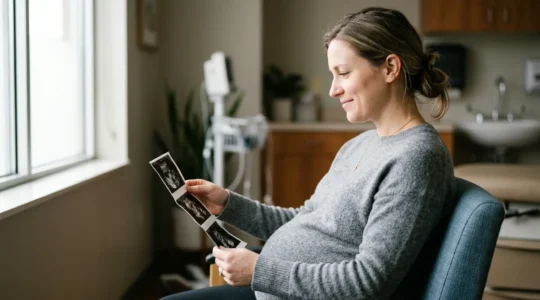 Femme enceinte en consultation prénatale regardant paisiblement une échographie