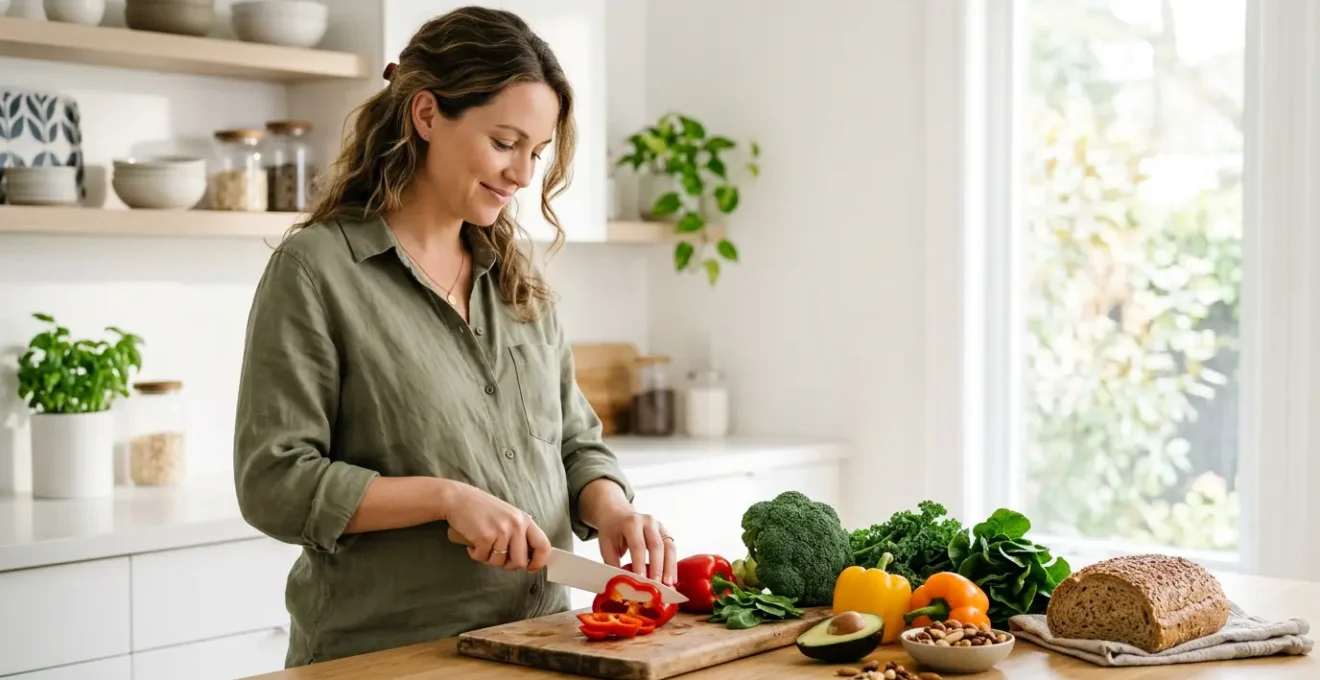 Femme enceinte préparant un repas équilibré dans une cuisine lumineuse avec des légumes frais et des aliments à faible indice glycémique