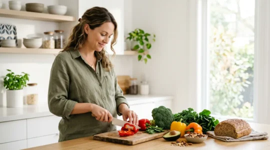 Femme enceinte préparant un repas équilibré dans une cuisine lumineuse avec des légumes frais et des aliments à faible indice glycémique