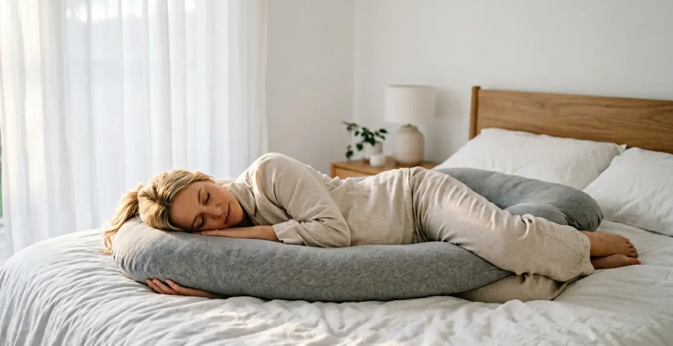 Femme enceinte dormant sereinement sur le côté avec un coussin de grossesse