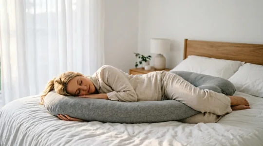 Femme enceinte dormant sereinement sur le côté avec un coussin de grossesse