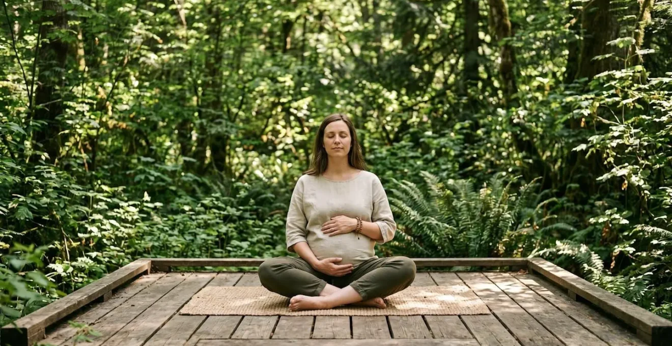 Femme enceinte pratiquant la méditation dans un environnement naturel apaisant
