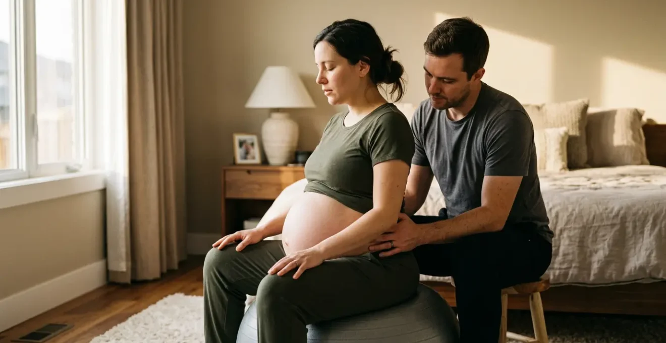 Femme enceinte en position de préparation à l'accouchement avec partenaire