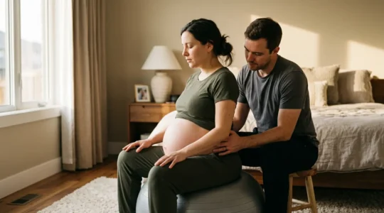 Femme enceinte en position de préparation à l'accouchement avec partenaire