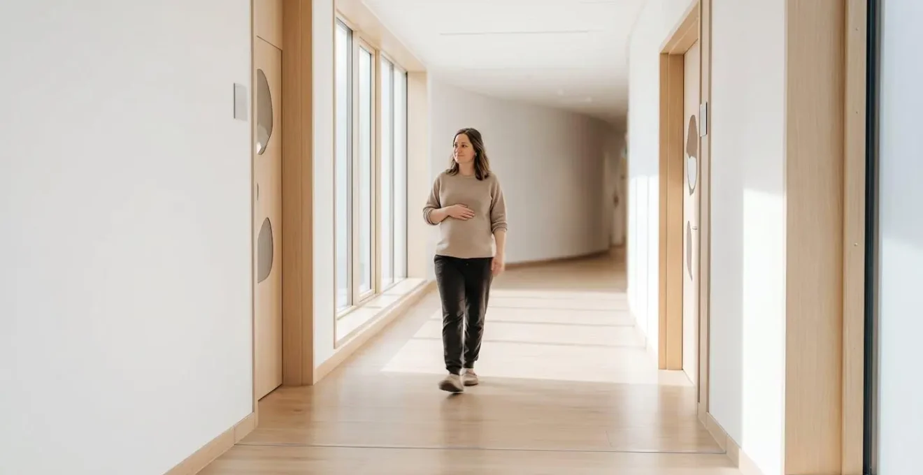 Femme enceinte marchant sereinement dans un couloir lumineux d'hôpital