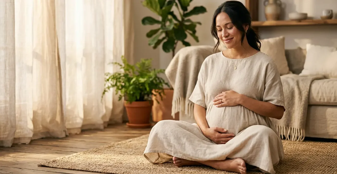 Femme enceinte en position assise pratiquant la sophrologie dans un environnement lumineux et apaisant