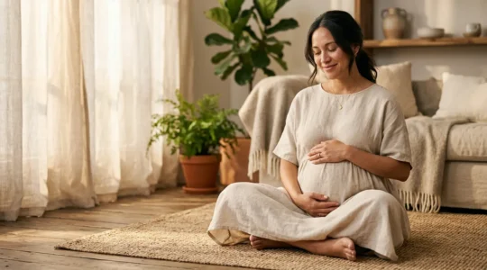 Femme enceinte en position assise pratiquant la sophrologie dans un environnement lumineux et apaisant